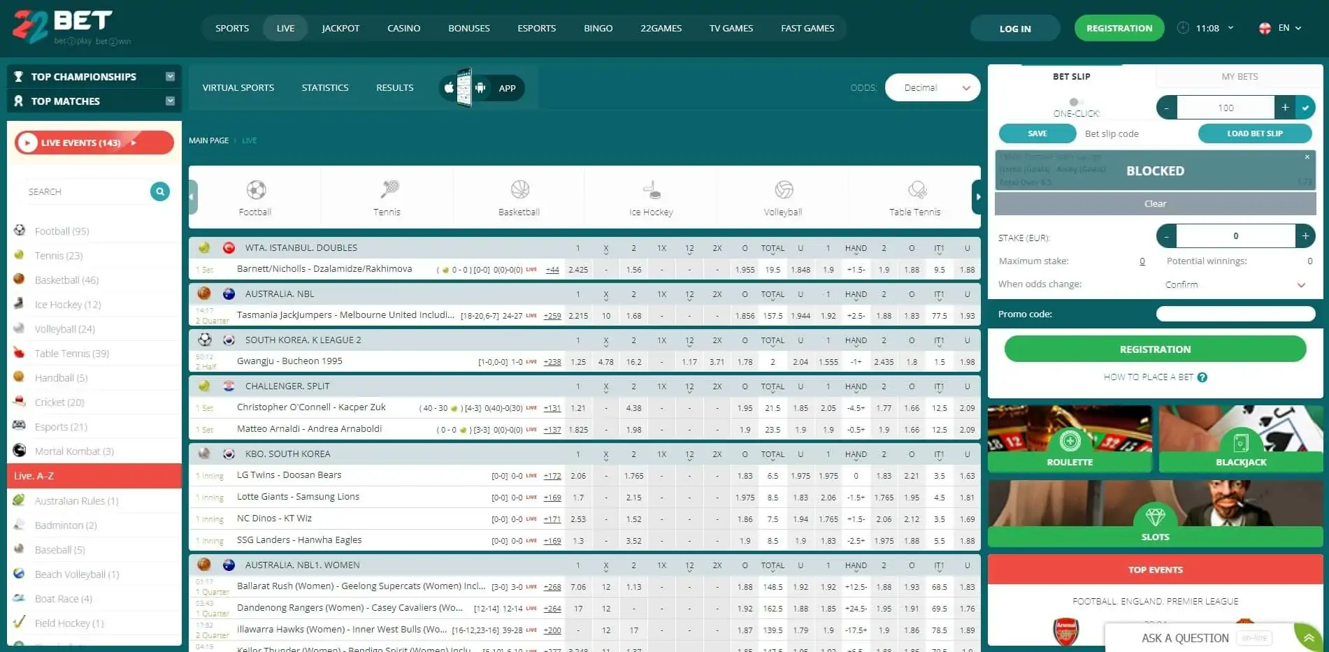 Live Betting 22bet
