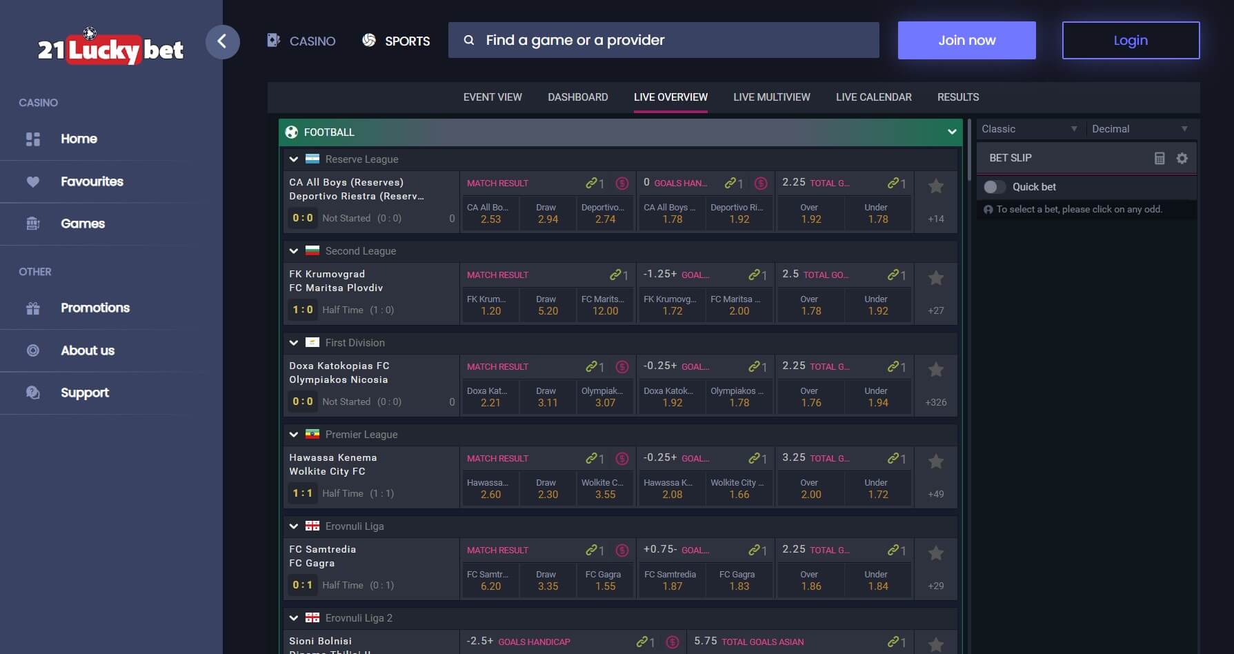 21LuckyBet Live Betting