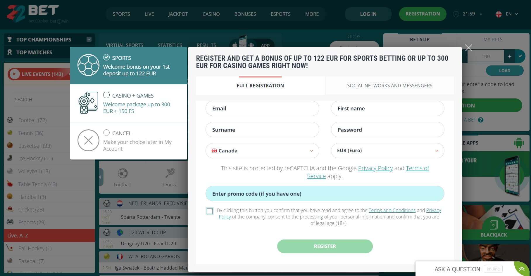 Register on 22Bet