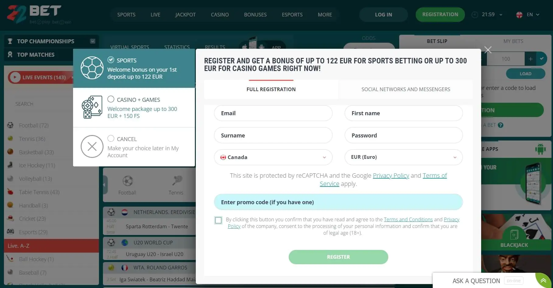 Register on 22Bet