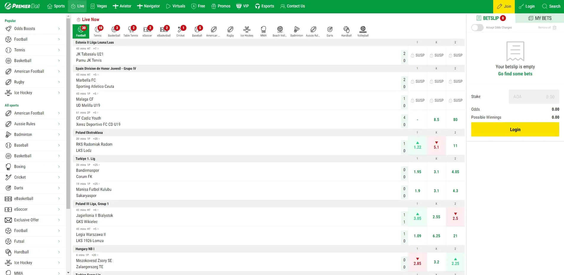 PremierBet Live Betting