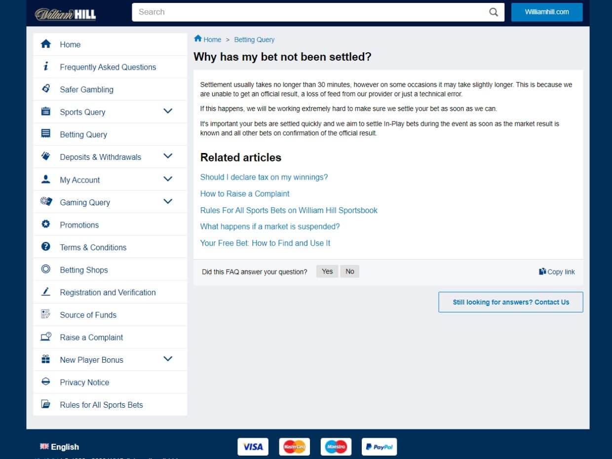 Settled Bets on William Hill