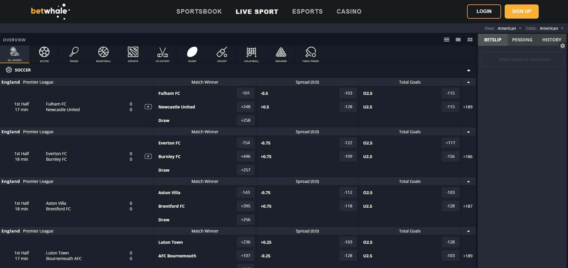 BetWhale Live Betting