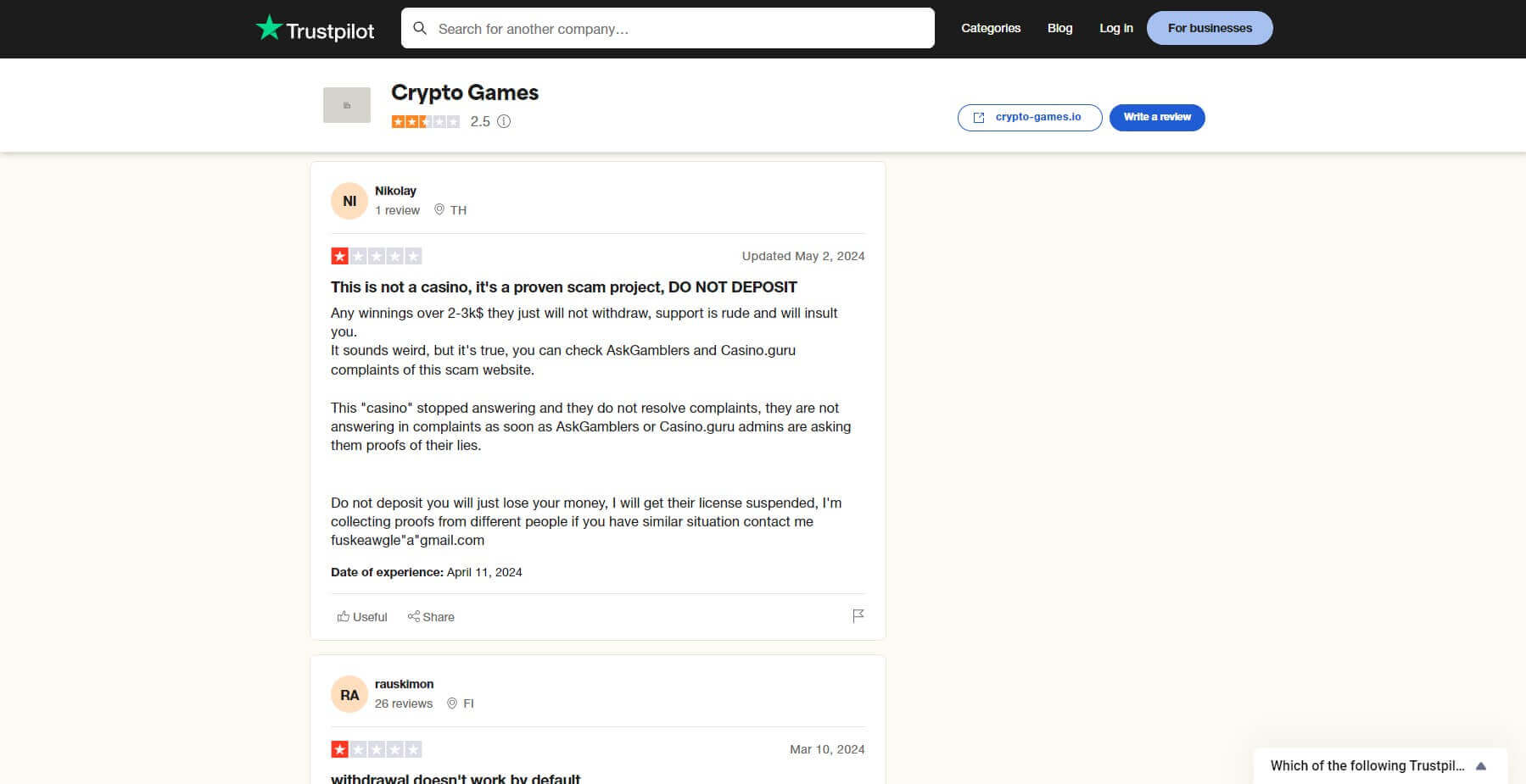 Crypto-Games.io Customer Reviews
