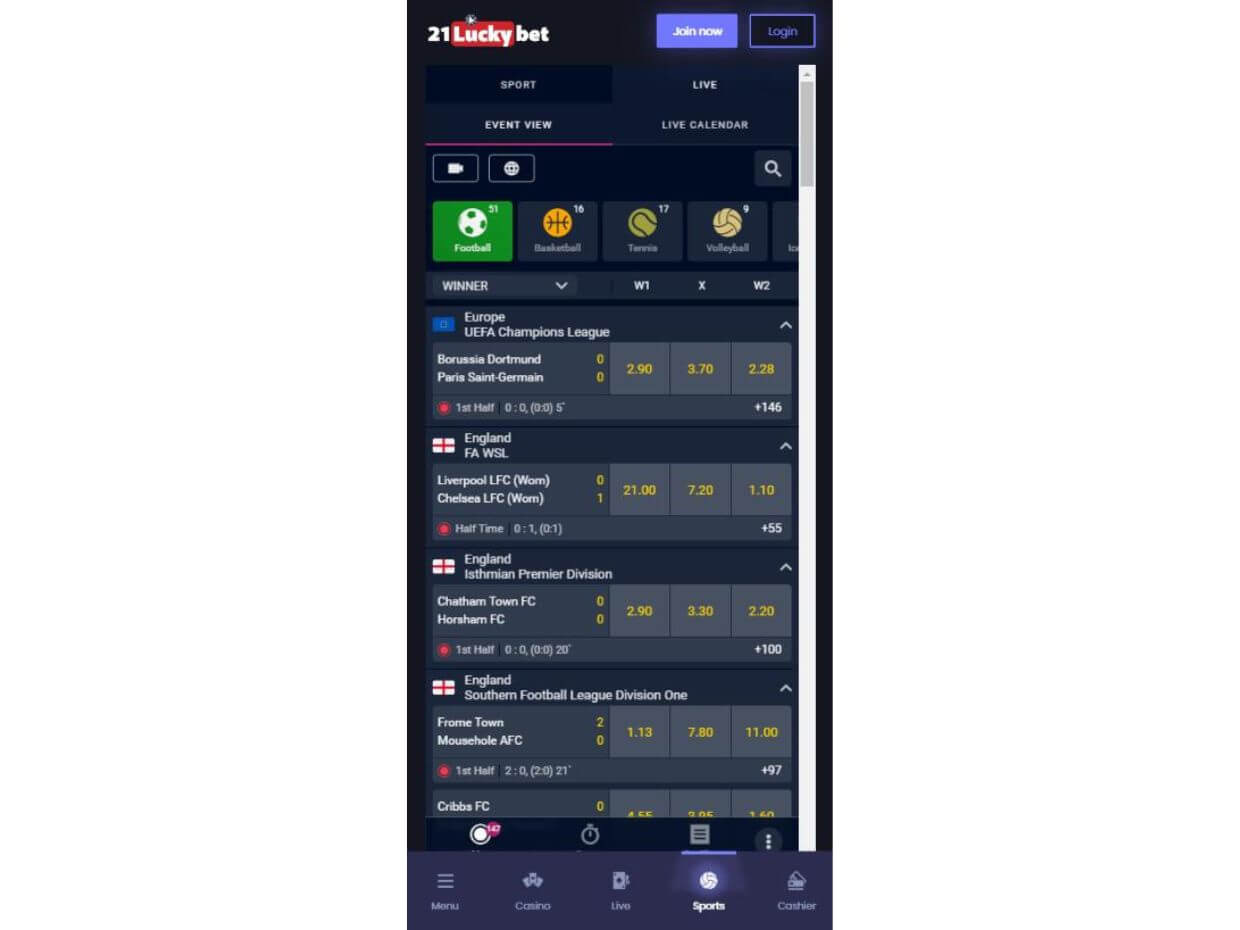 Mobile Live Betting 21LuckyBet