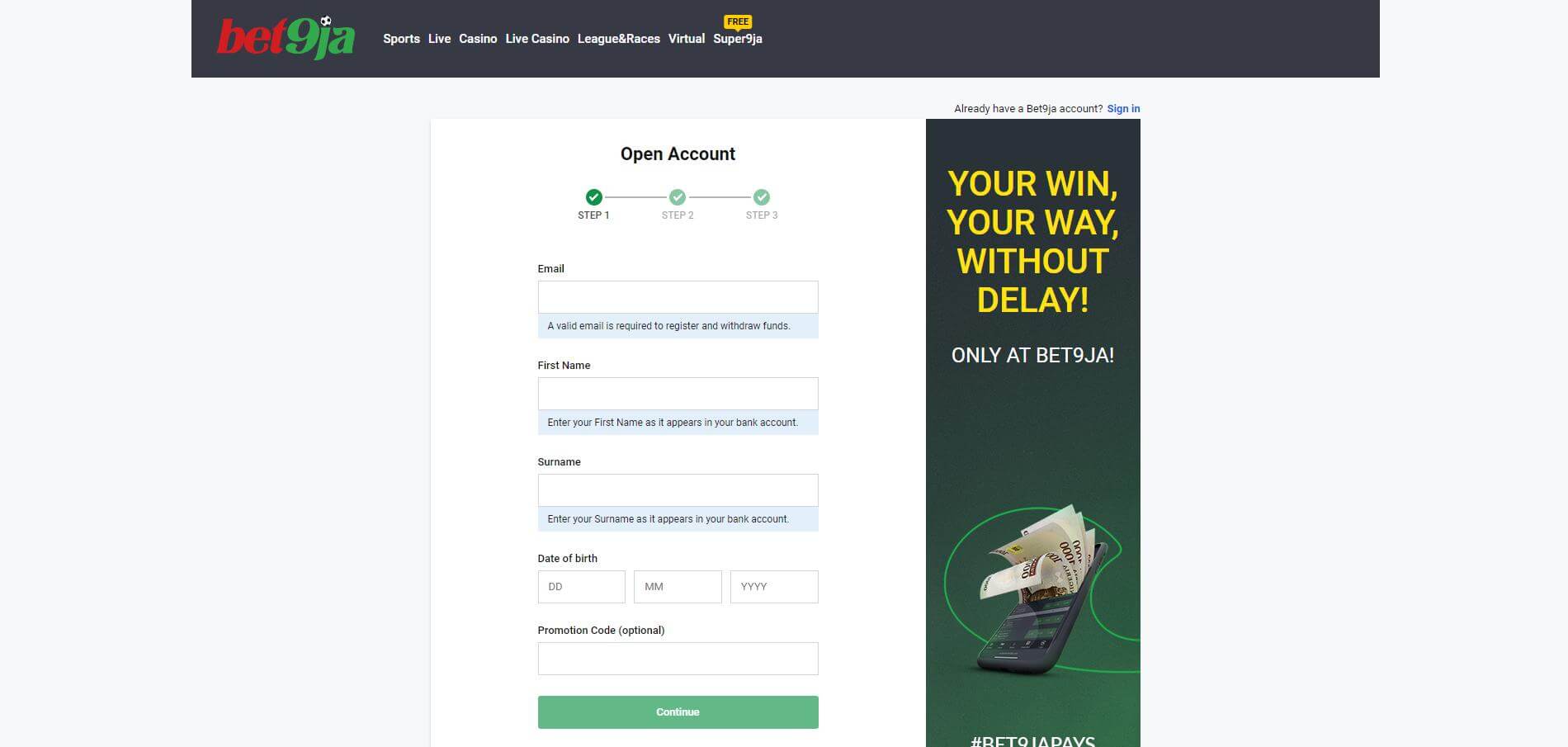 Sign Up Bet9ja