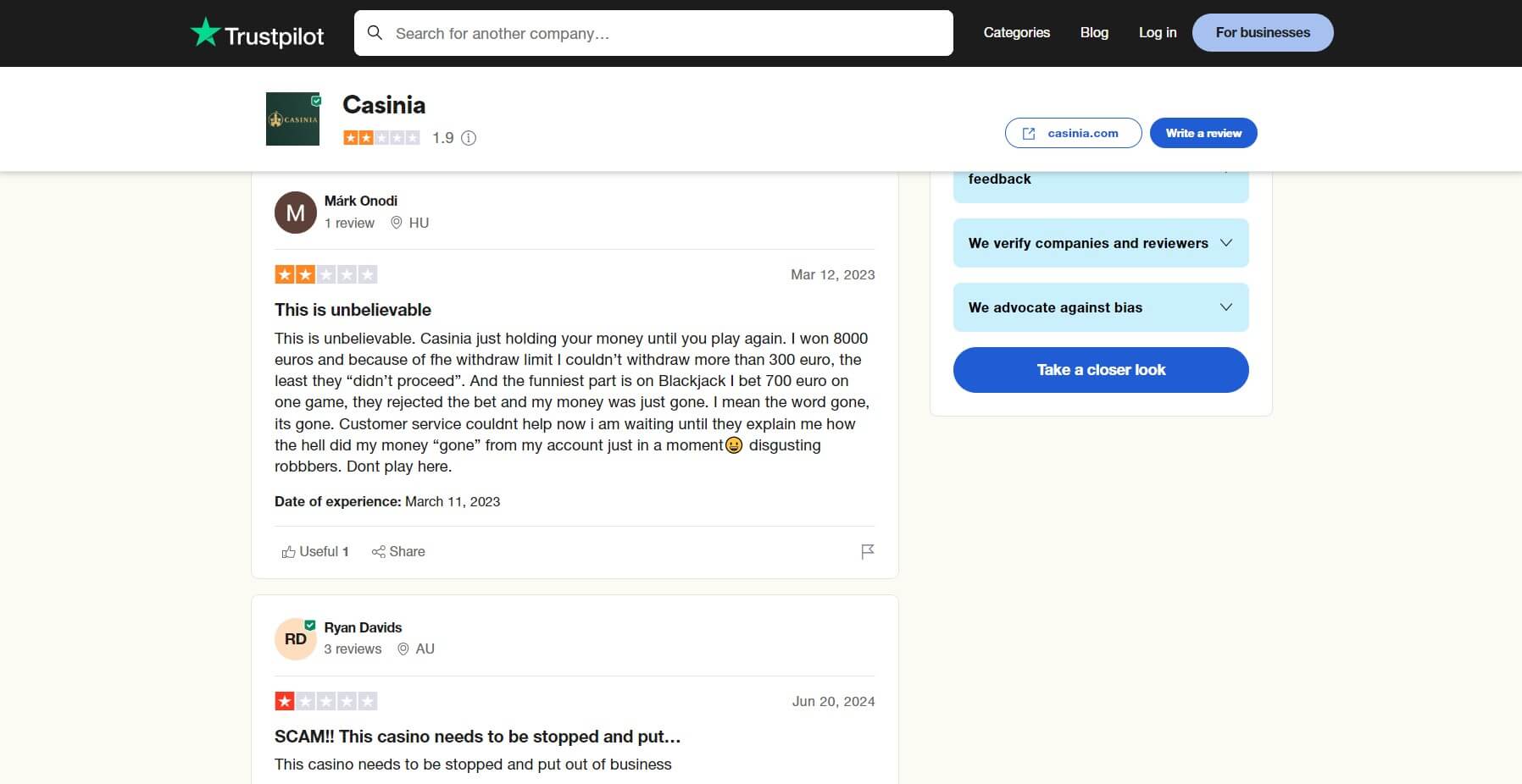Casinia User Reviews