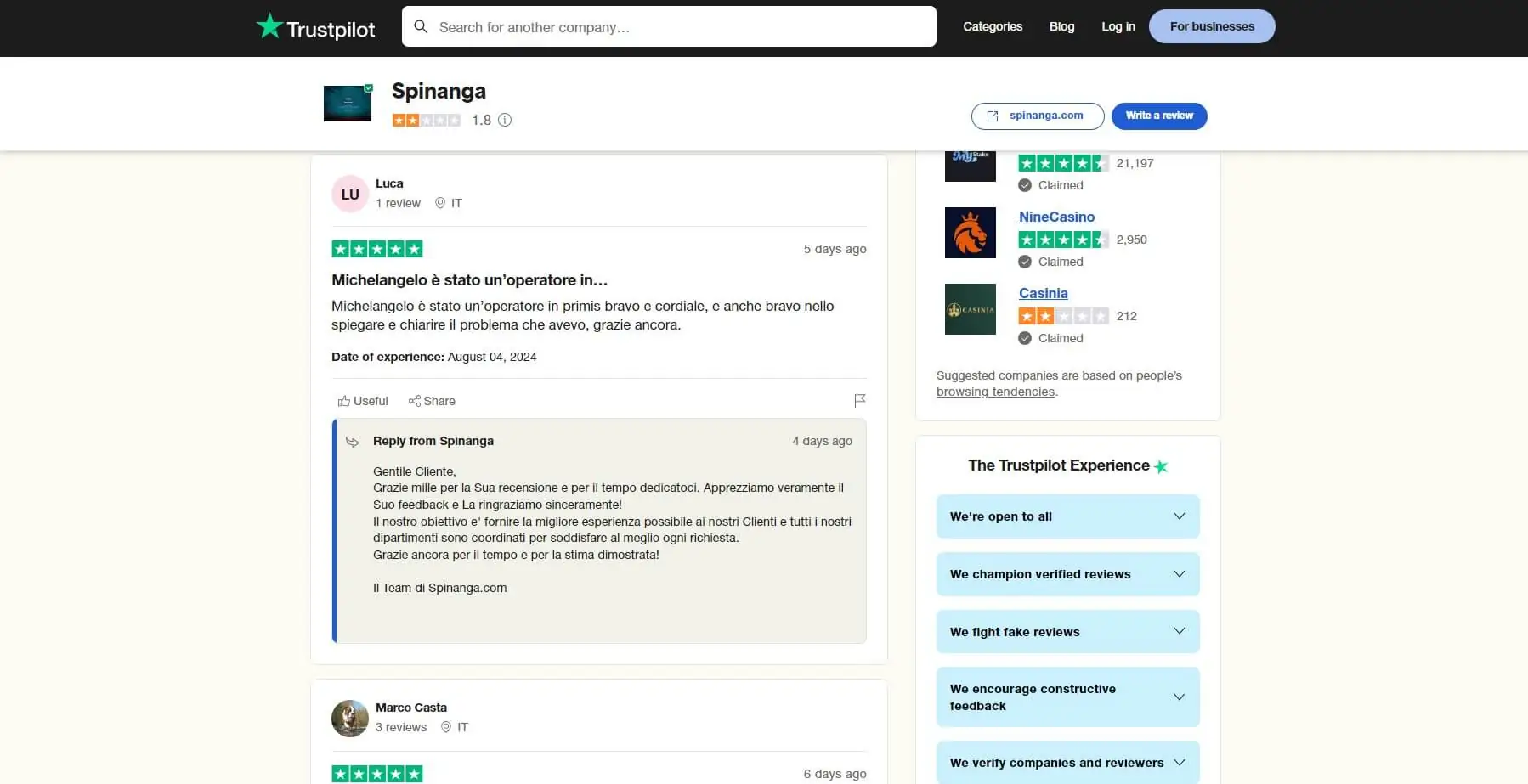 Spinanga Trustpilot Reviews