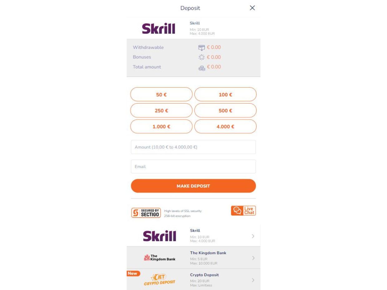 CasinoMega Mobile Website Deposit Methods