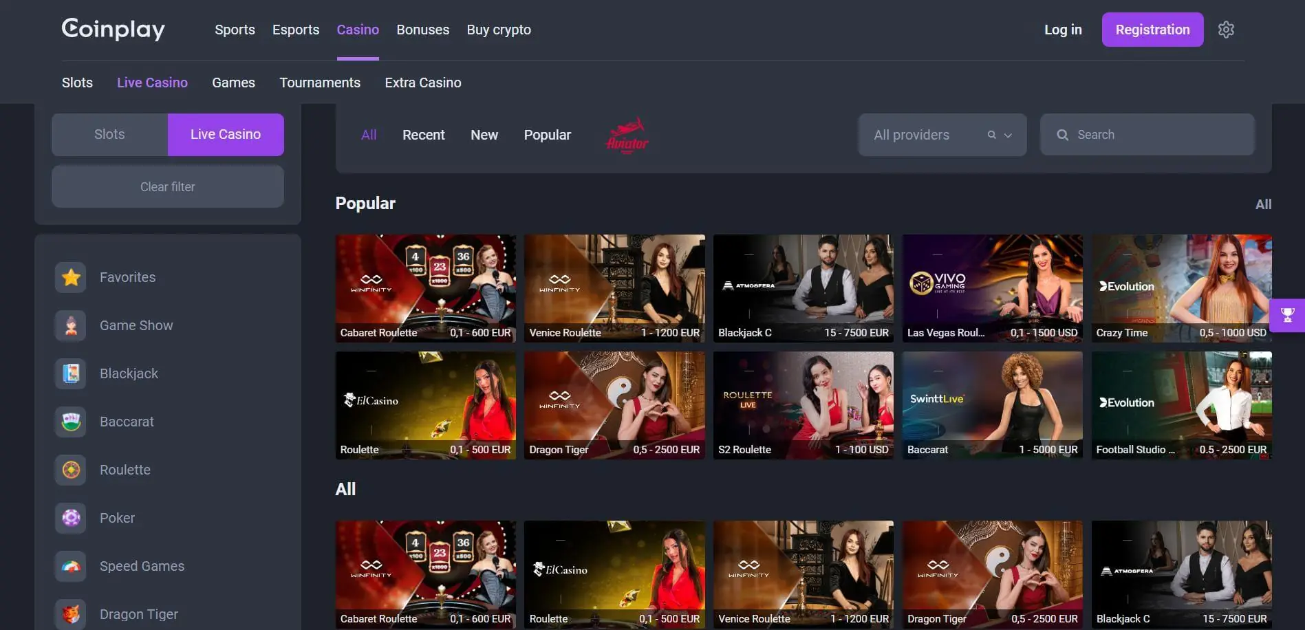 CoinPlay Casino Live Screen