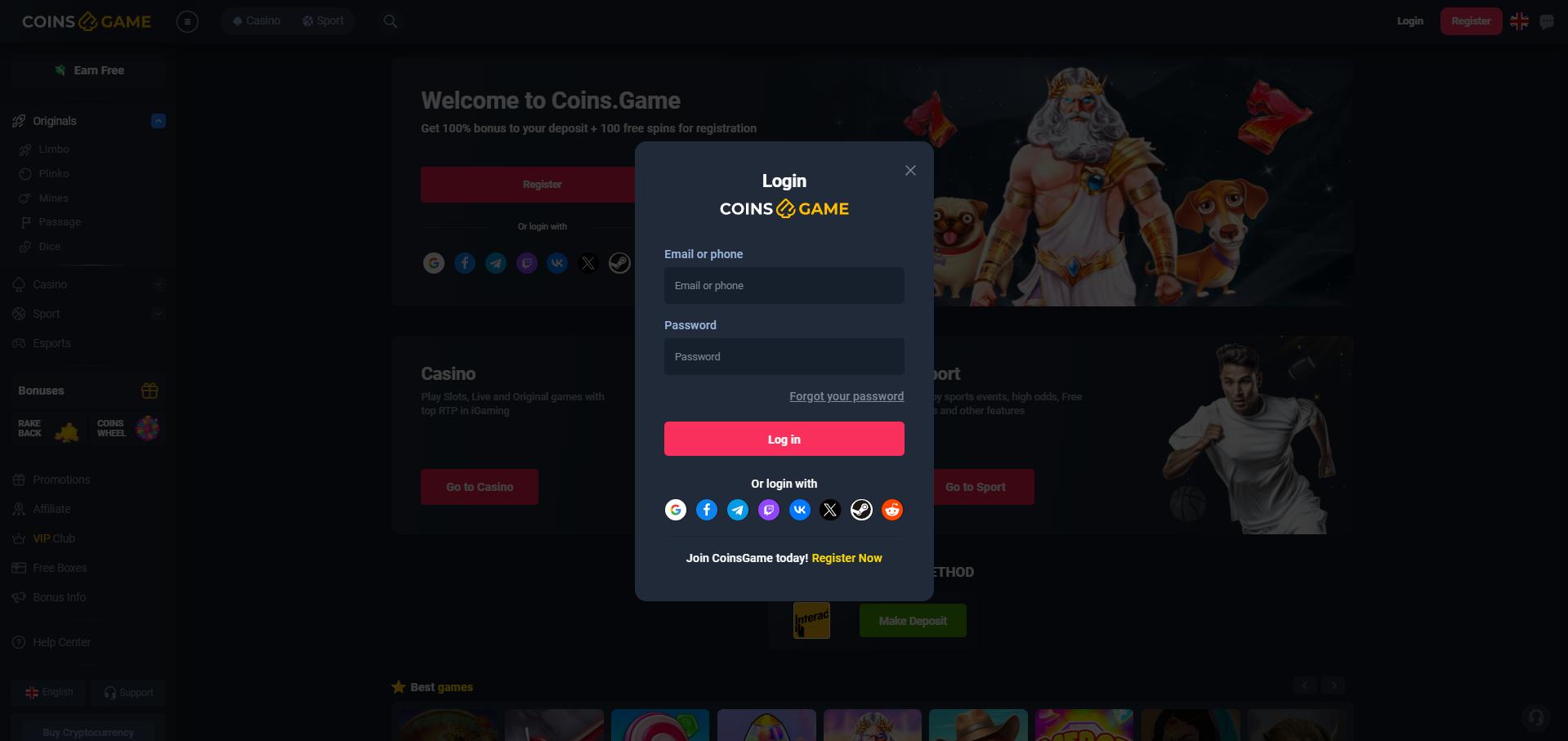 CoinsGame Login Screen Interface