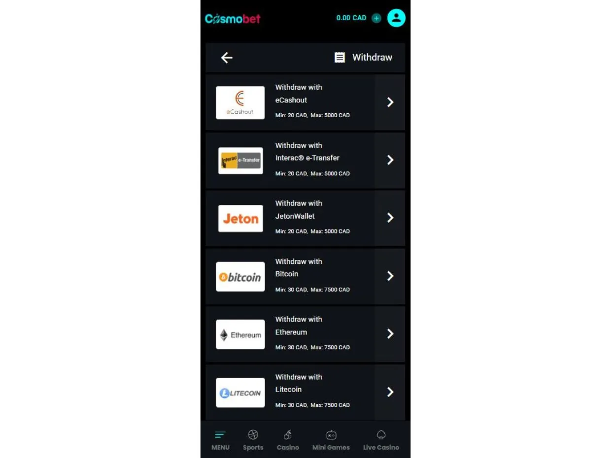 Mobile Withdraw CosmoBet