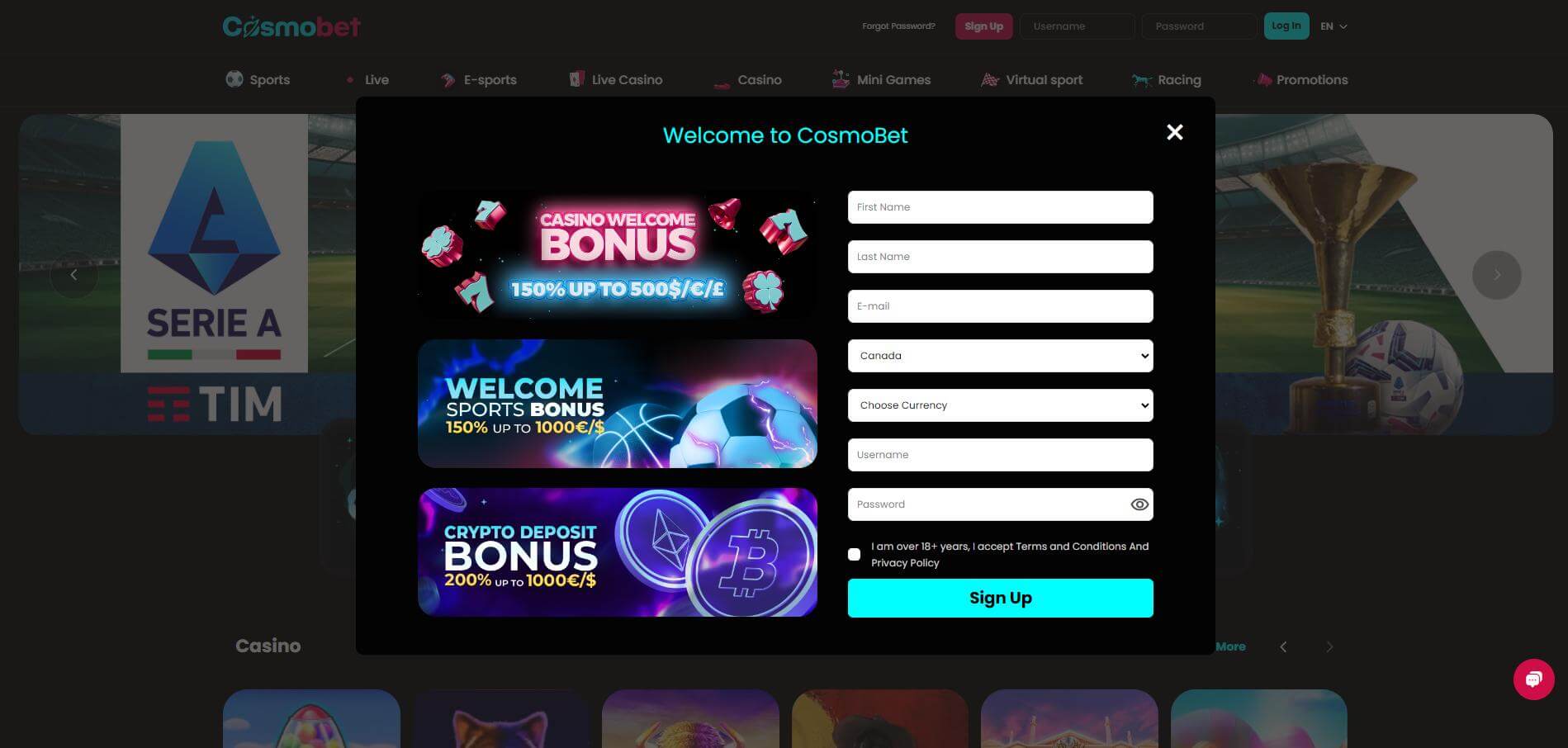 CosmoBet Account Registration Form