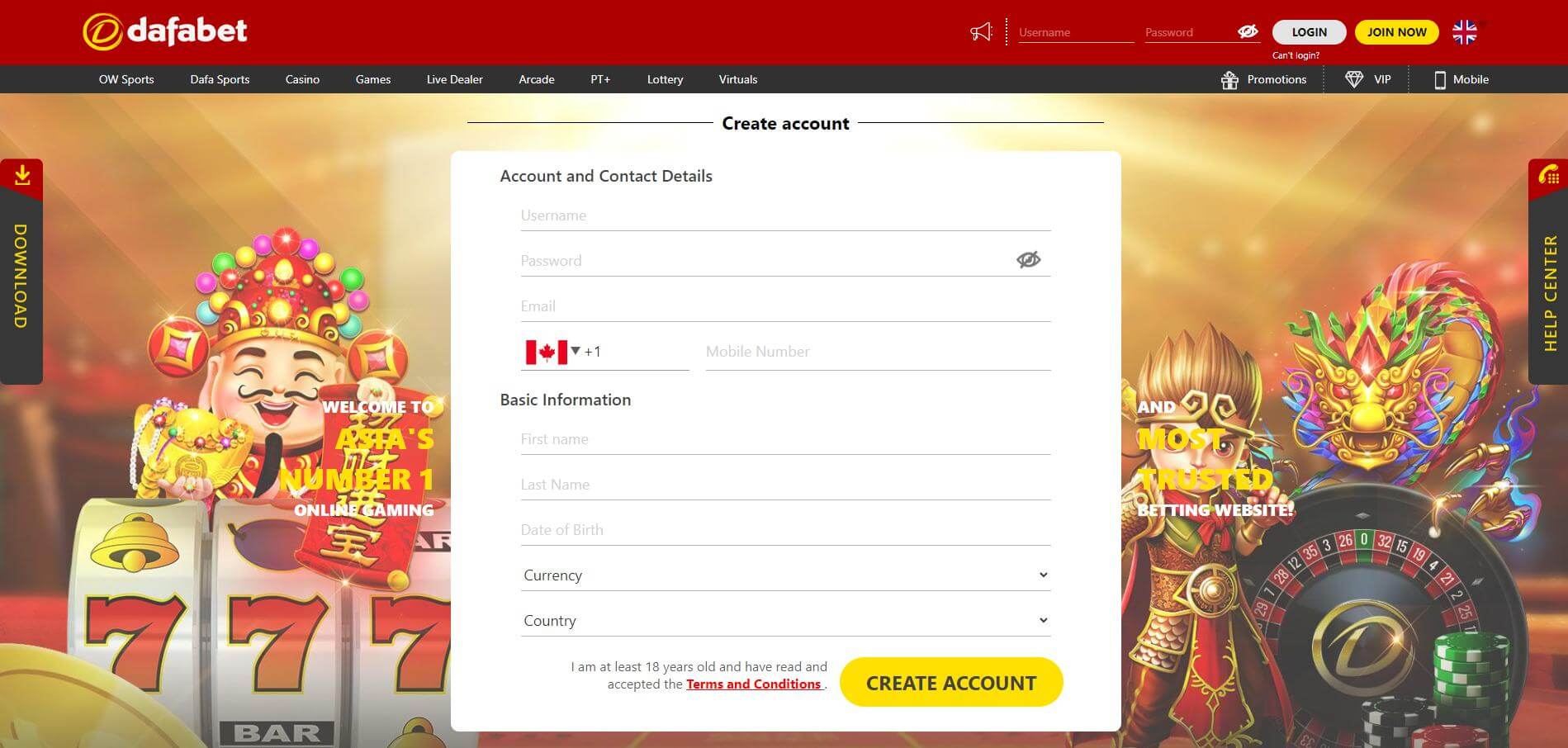 Dafabet Sign Up Screen