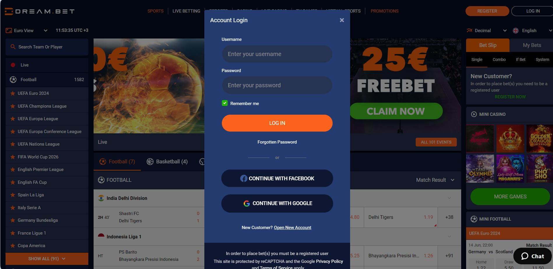 Dreambet Log In Screen