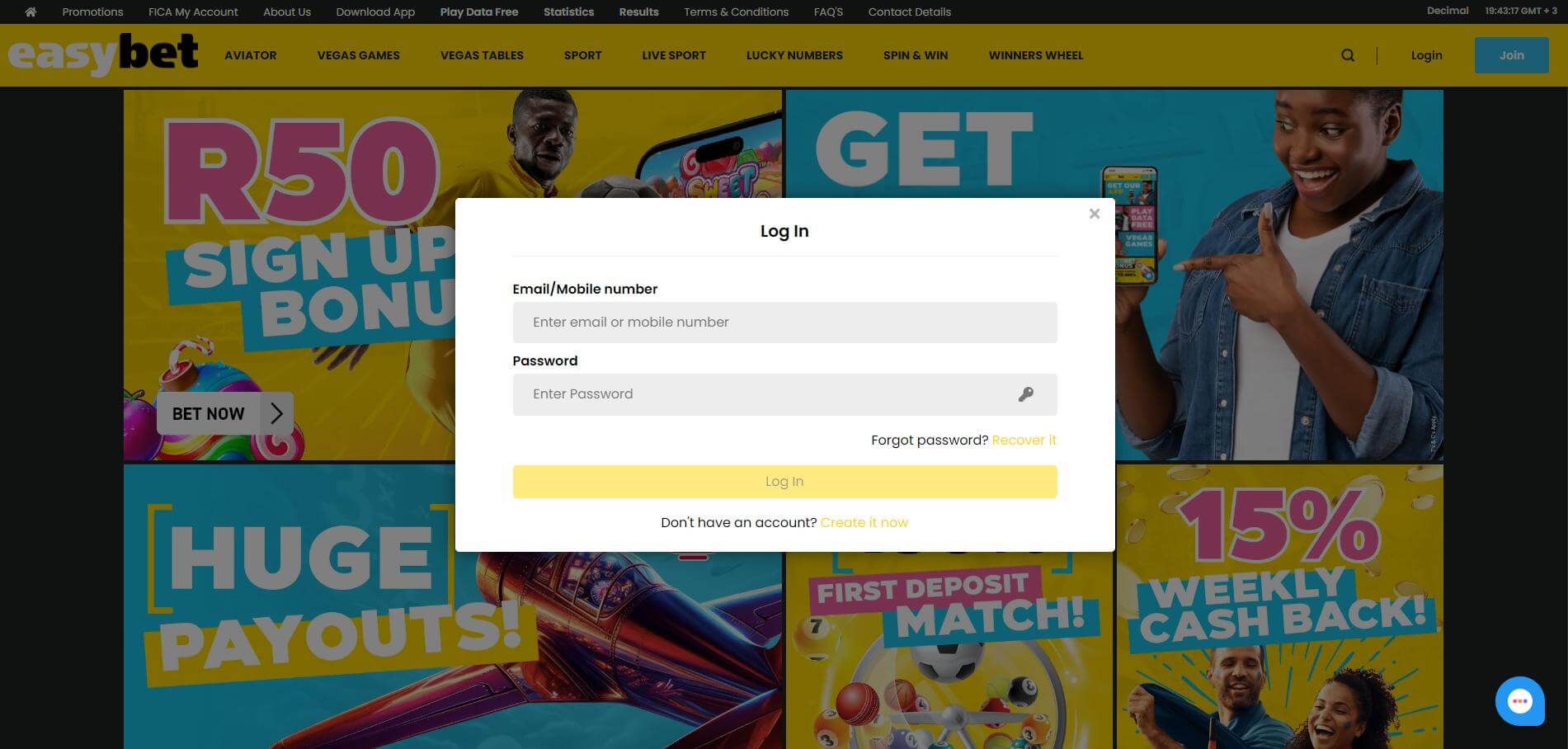 Easybet Log In Screen