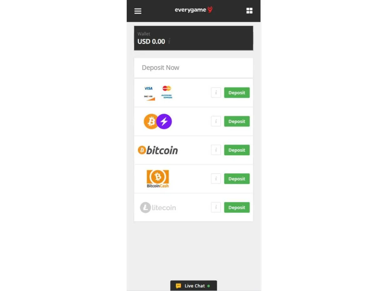 EveryGame Mobile Website Deposit Methods