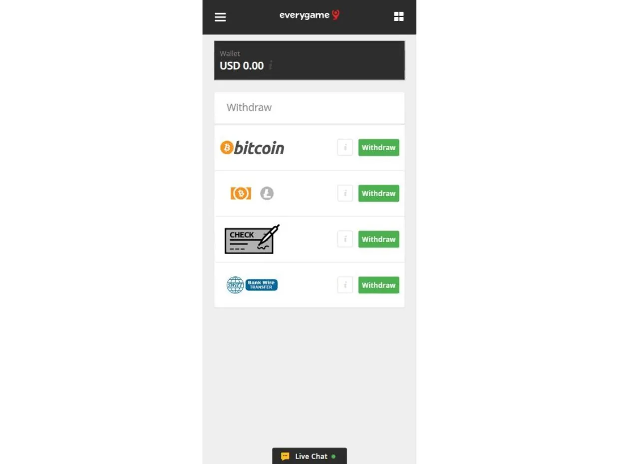 EveryGame Mobile Website Withdrawal Process