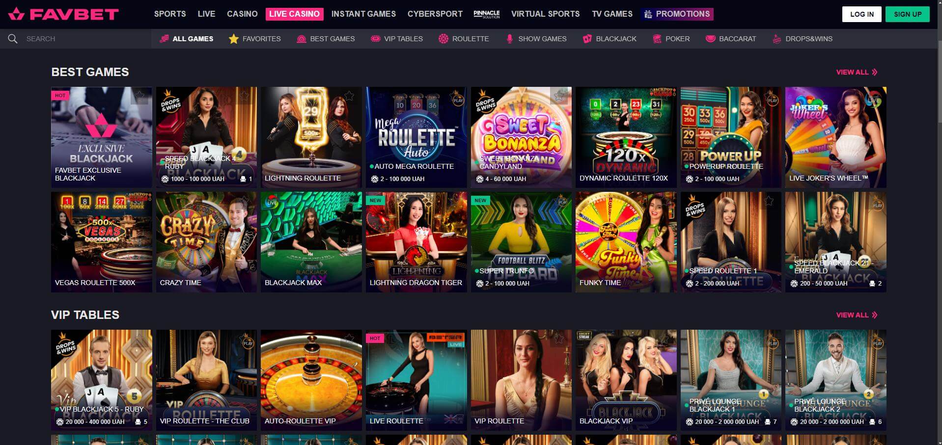 FavBet Live Casino Screen