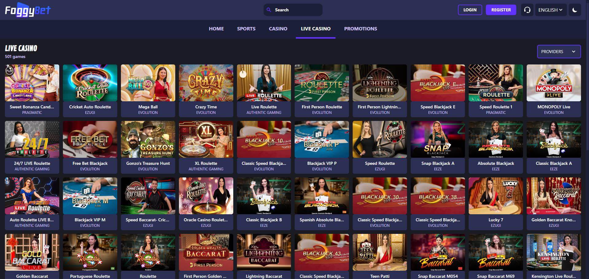 FoggyBet Casino Live Screen