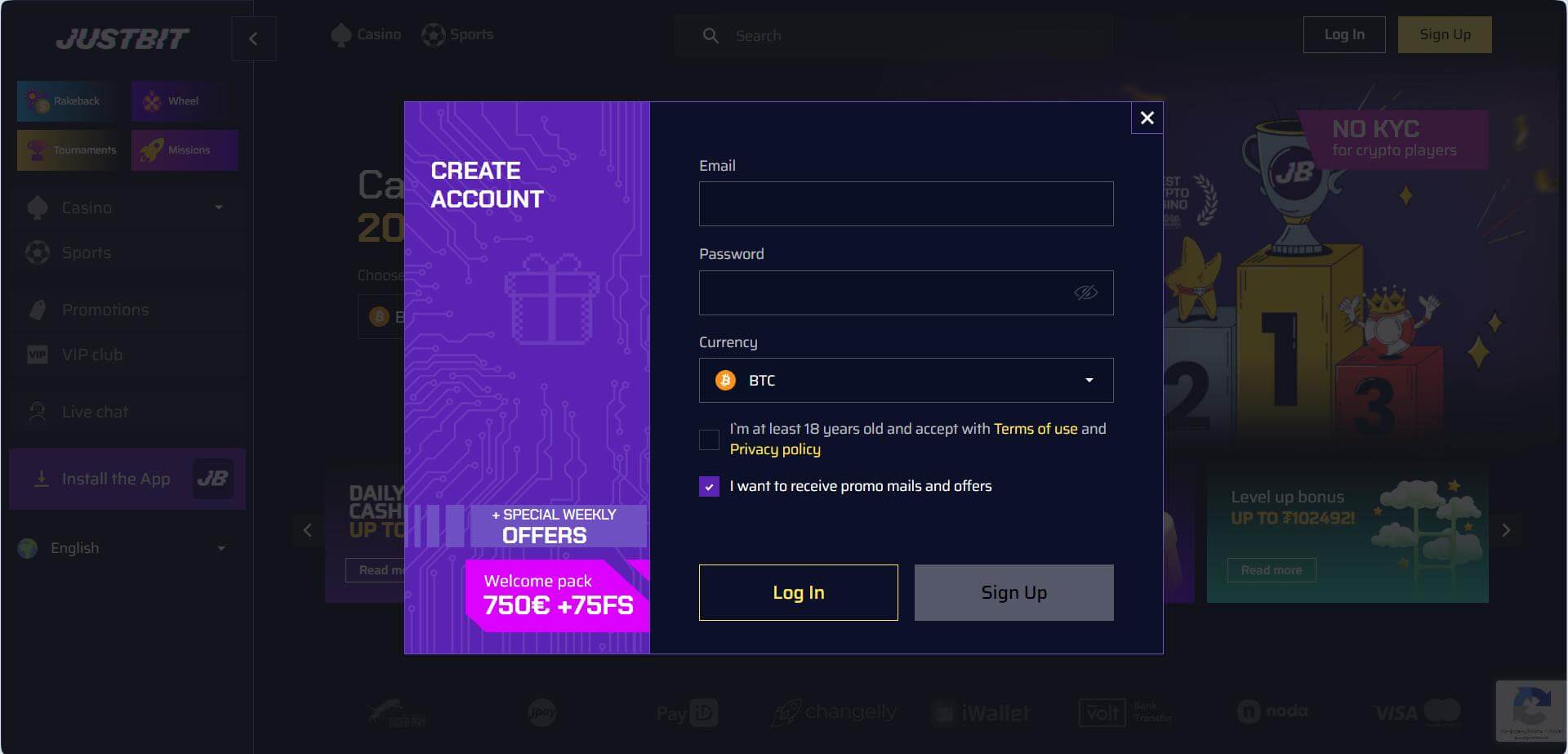 JustBit Account Registration Screen