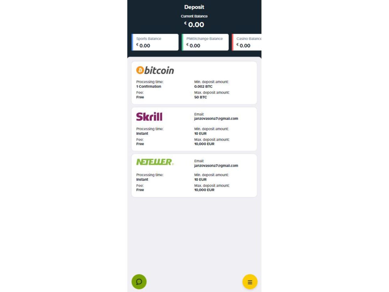 Piwi247 Mobile Website Deposit Methods