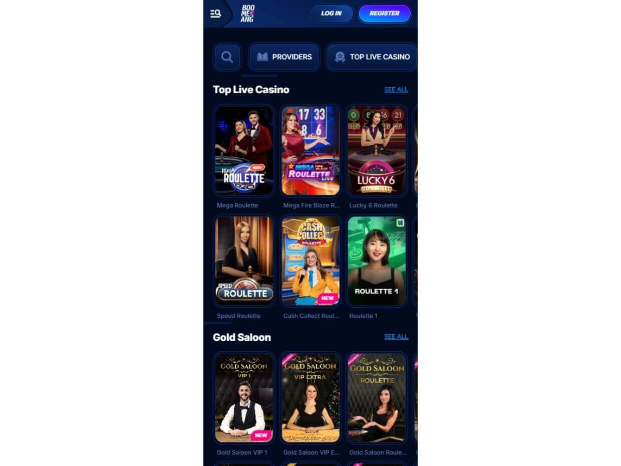 Mobile Live Casino Boomerang Bet