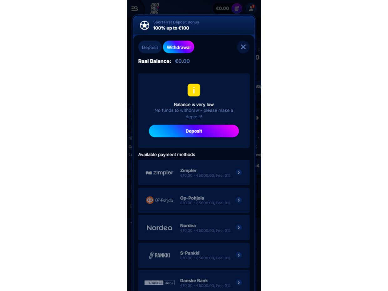 Mobile Withdrawal Boomerang Bet