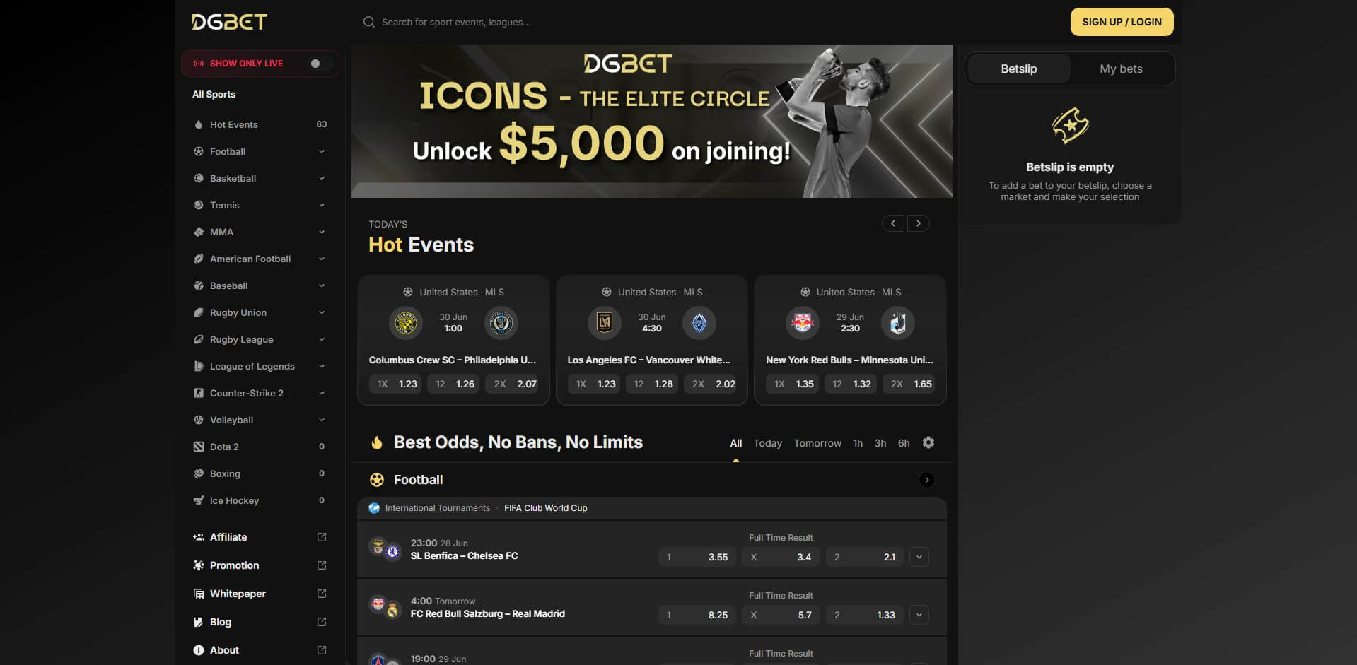 DGbet decentralized sportsbook interface displaying sports events and betting options