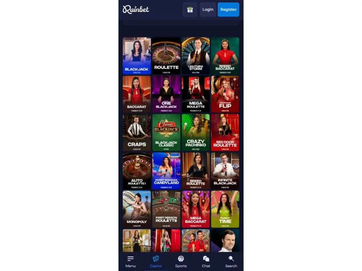 Live Casino Games on Rainbet Mobile
