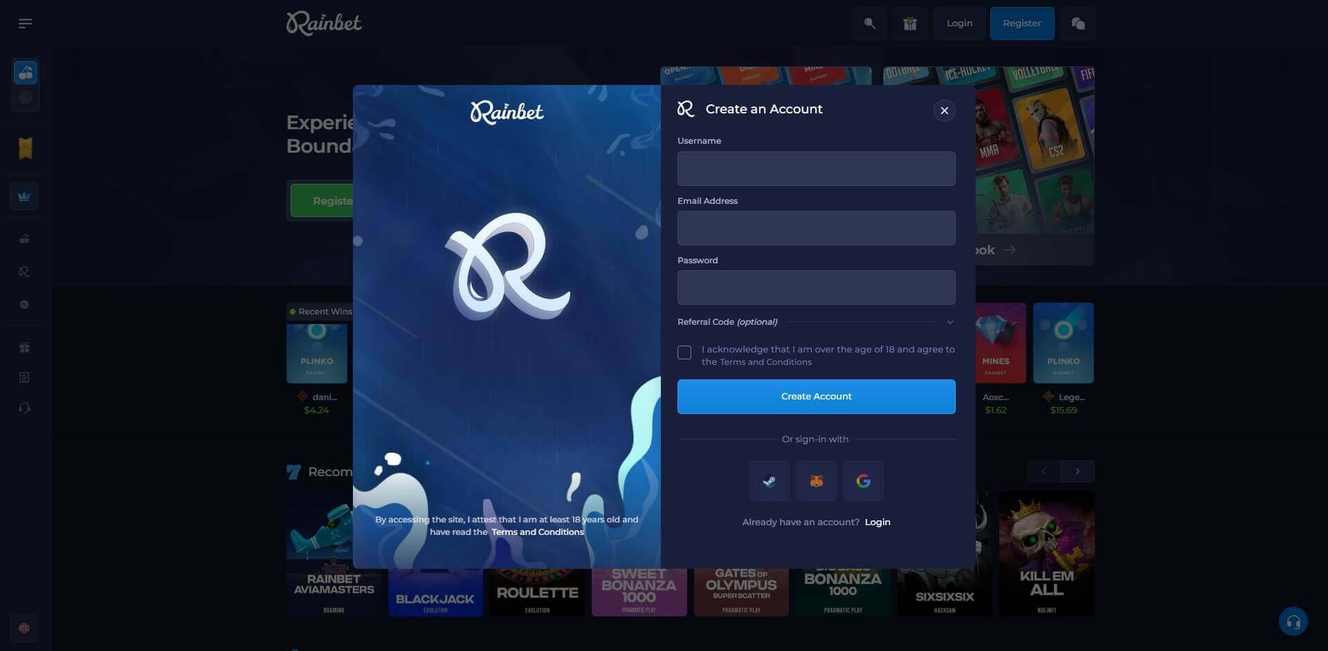 Create an Account on Rainbet