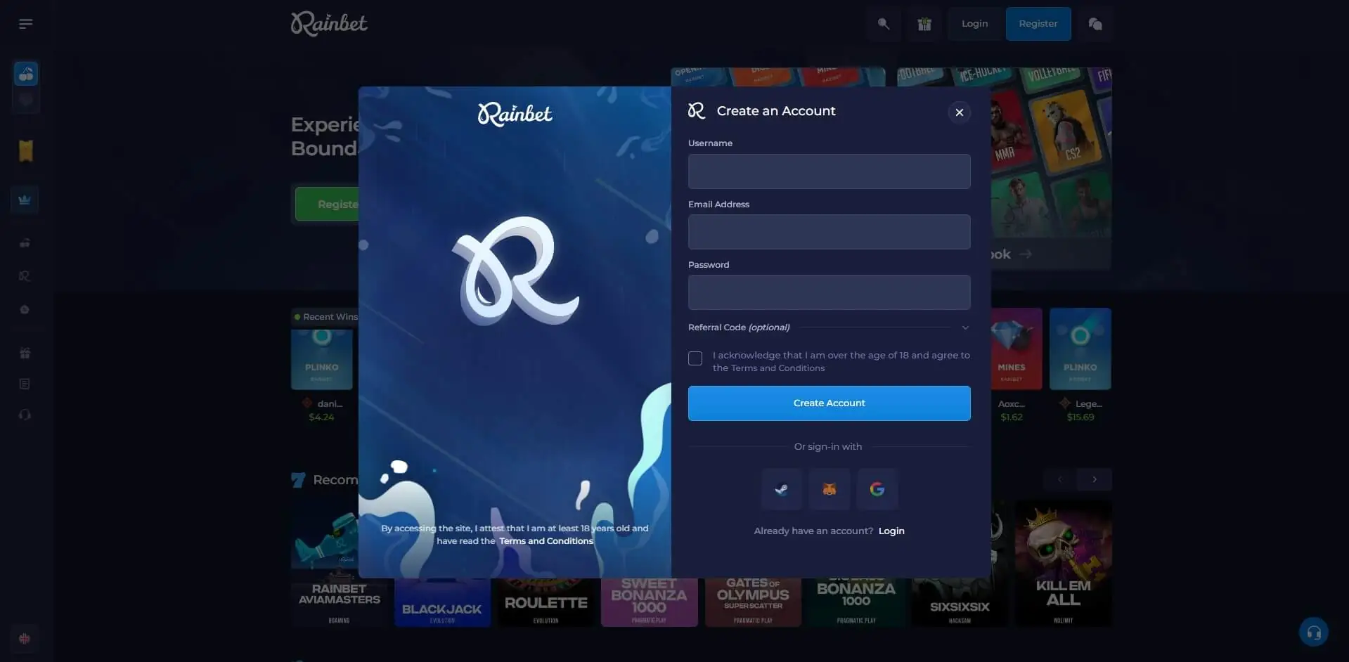 Create an Account on Rainbet
