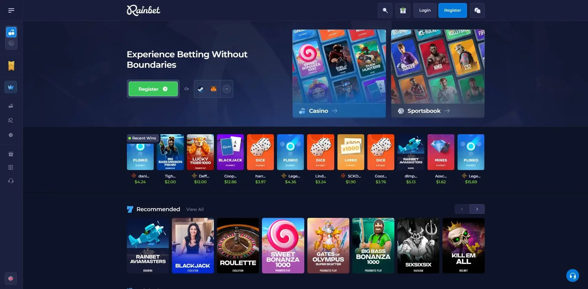 Homepage Overview of Rainbet