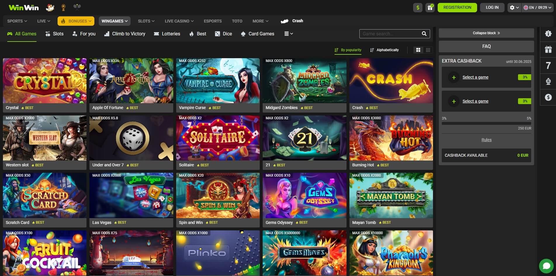 WinWin Bet games selection screen featuring various casino and betting games