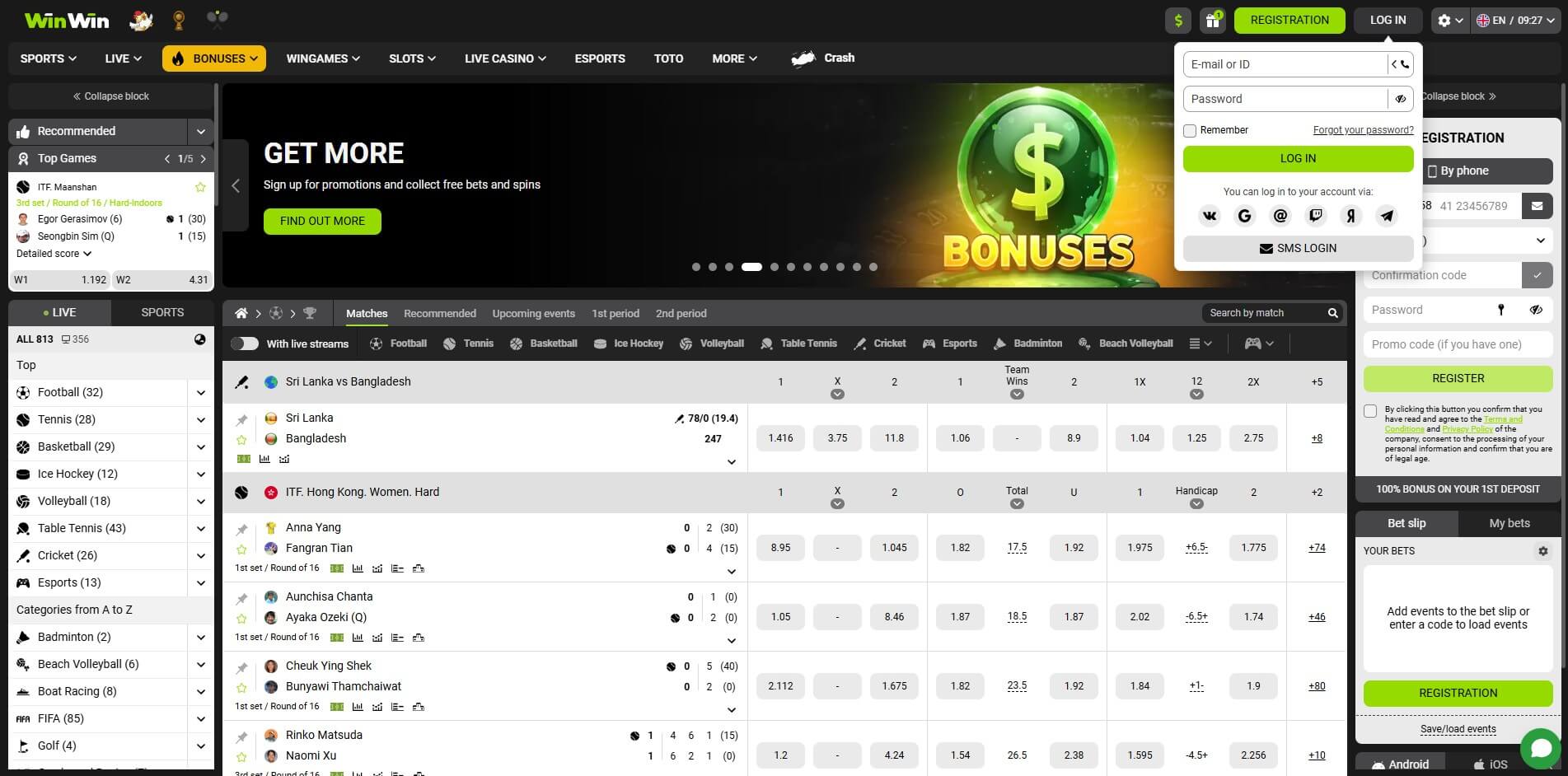 WinWin Bet login page with fields for username and password