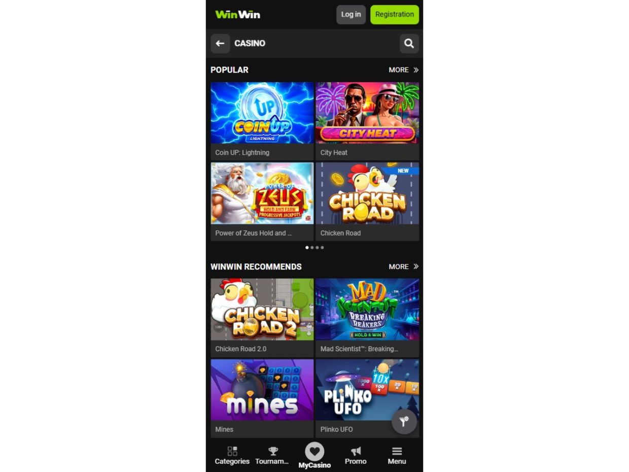 WinWin Bet mobile casino app interface showcasing live dealer games and slot machines