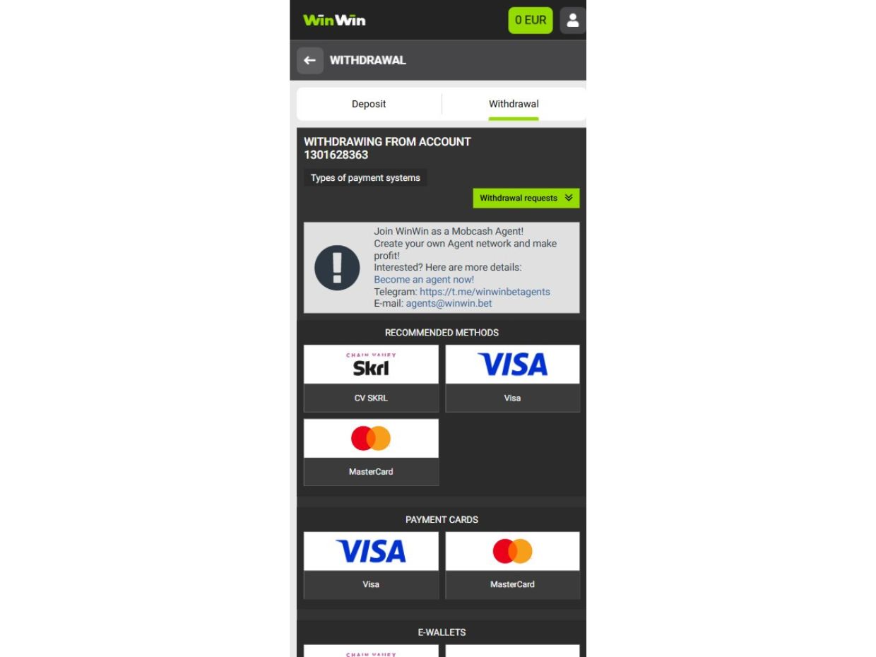 WinWin Bet mobile withdrawal screen displaying available payout methods