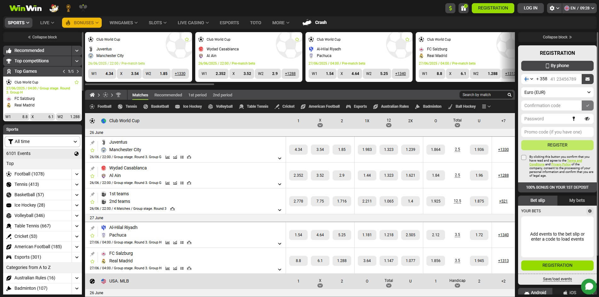 WinWin Bet homepage showcasing sports betting, casino games, and promotions