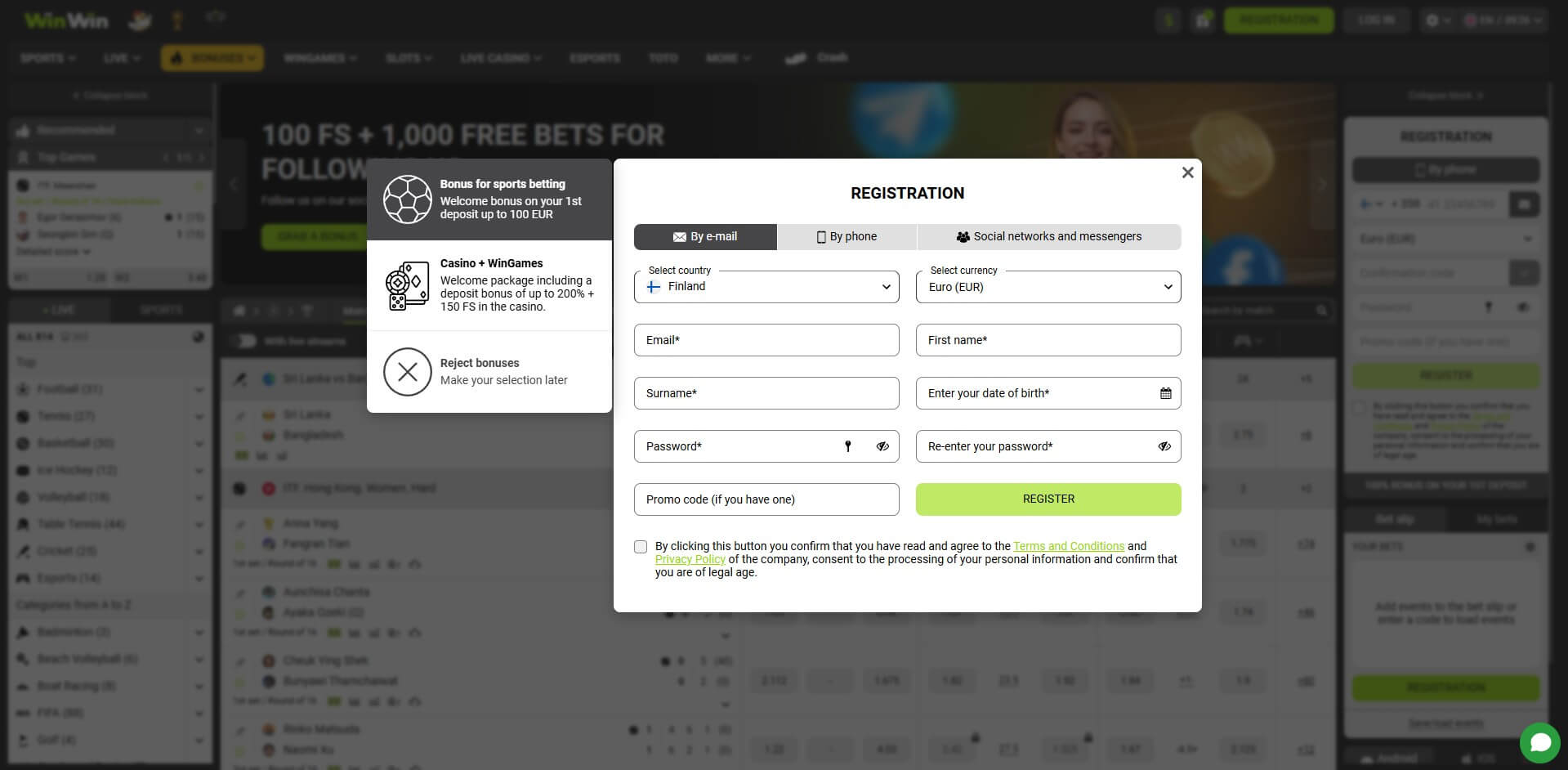 WinWin Bet registration page with options for email, phone, and one-click sign-up