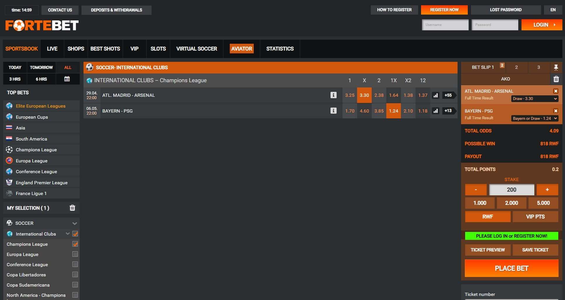 ForteBet Rwanda Champions League Matches And Odds