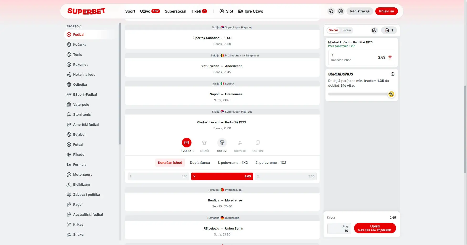 Superbet Fudbal Kvote Na Utakmice Uživo
