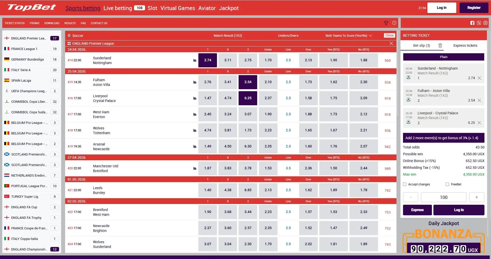 TopBet Uganda Mobile Football Odds And Matches