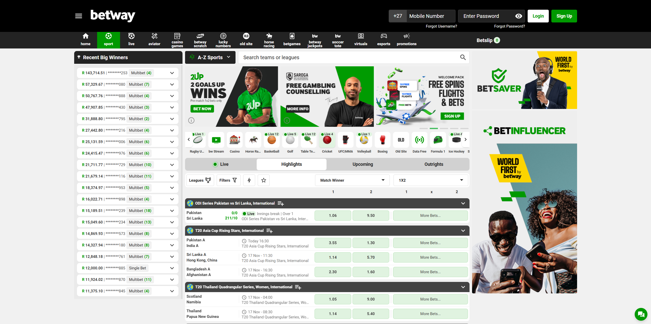 Betway website, cricket section