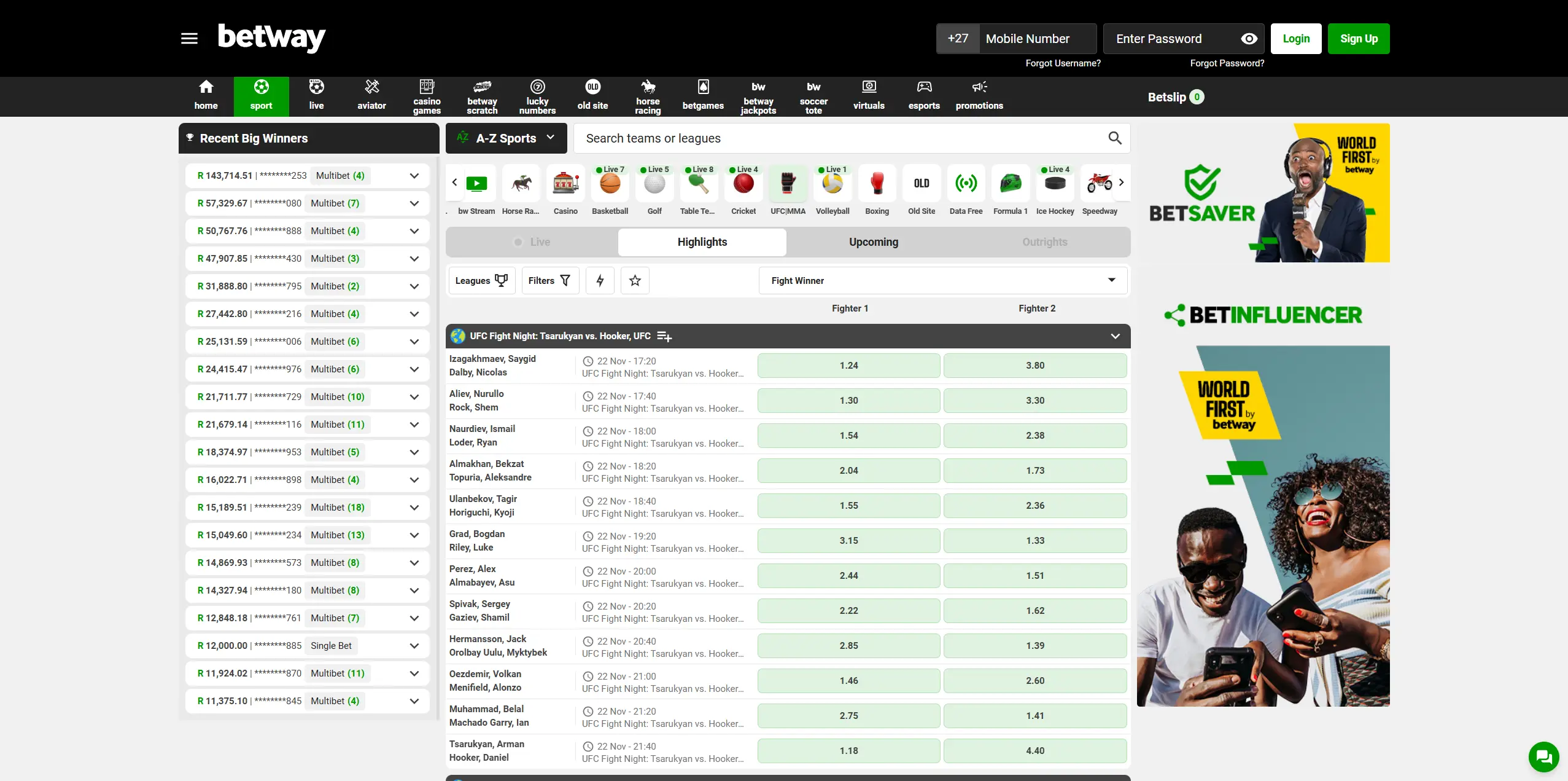 Betway website, MMA/UFC section