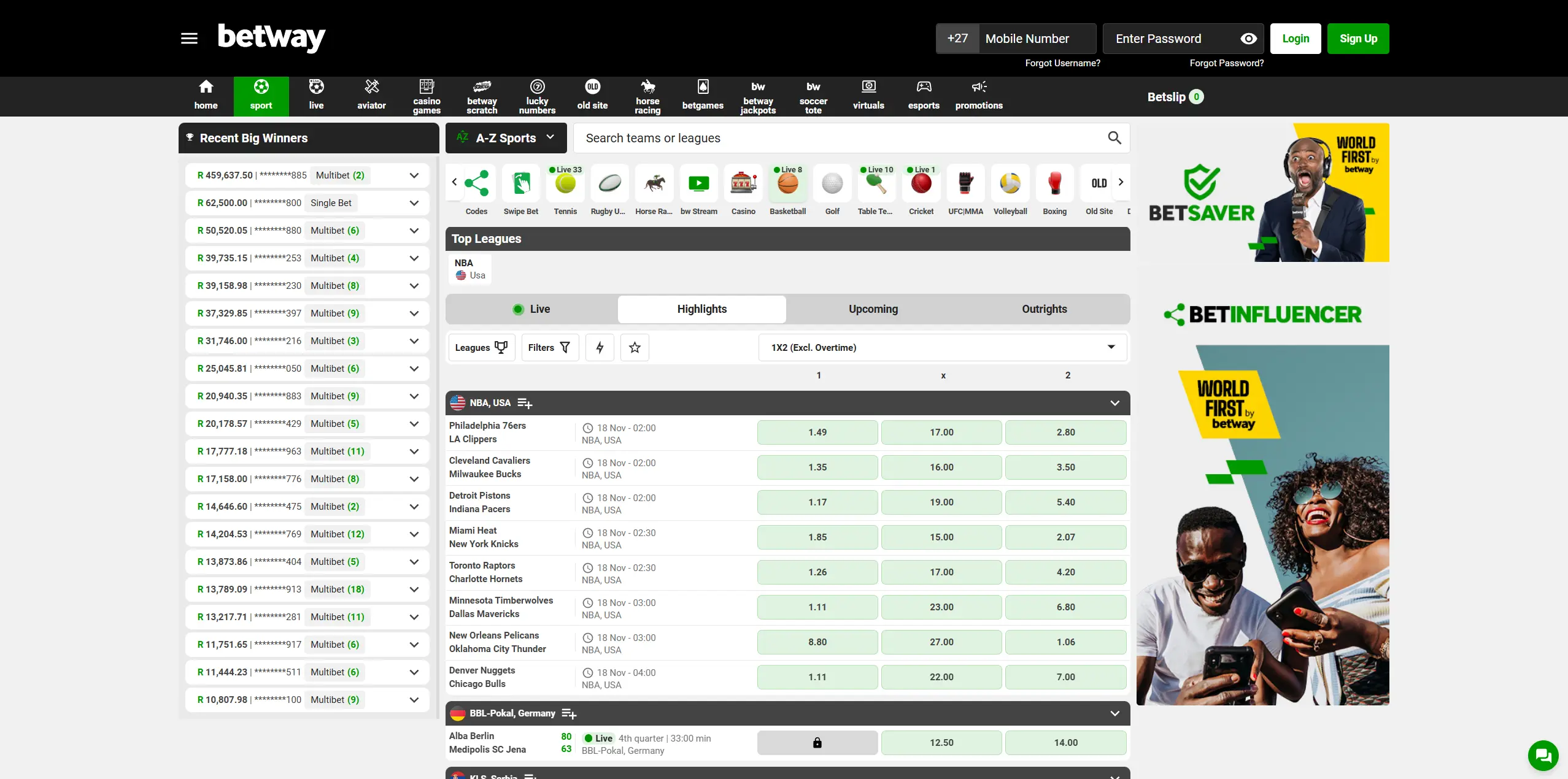 Betway website, NBA section