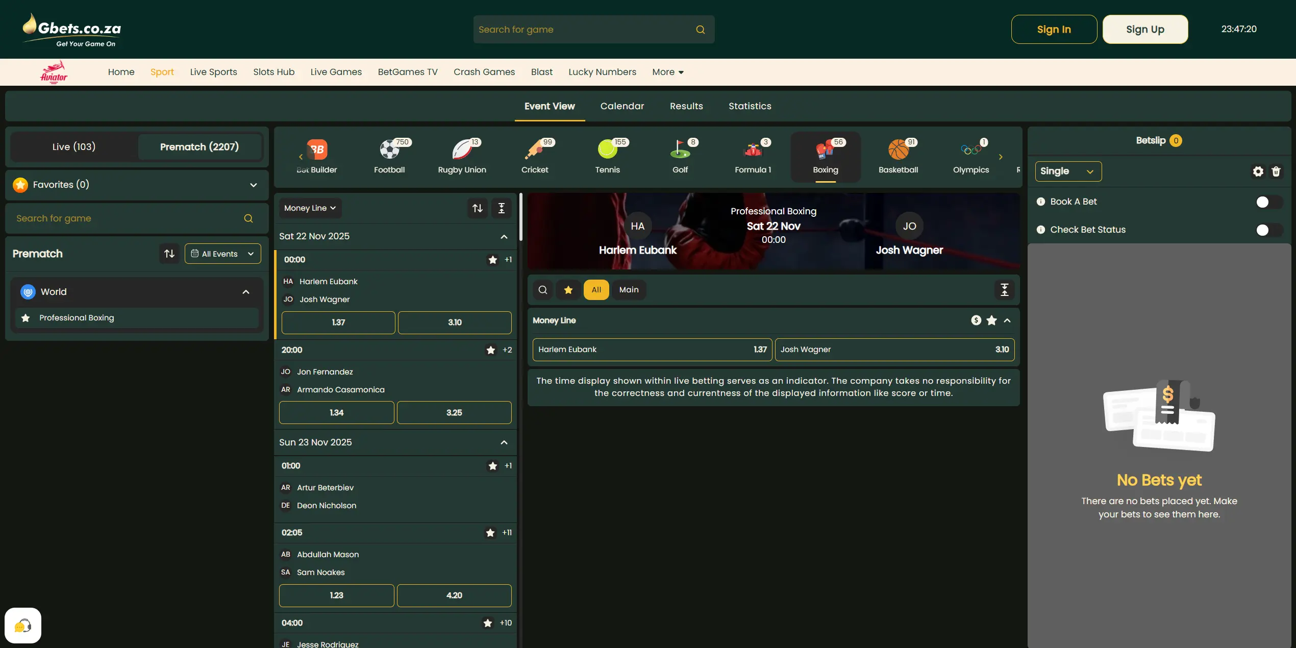 Gbets website, boxing section