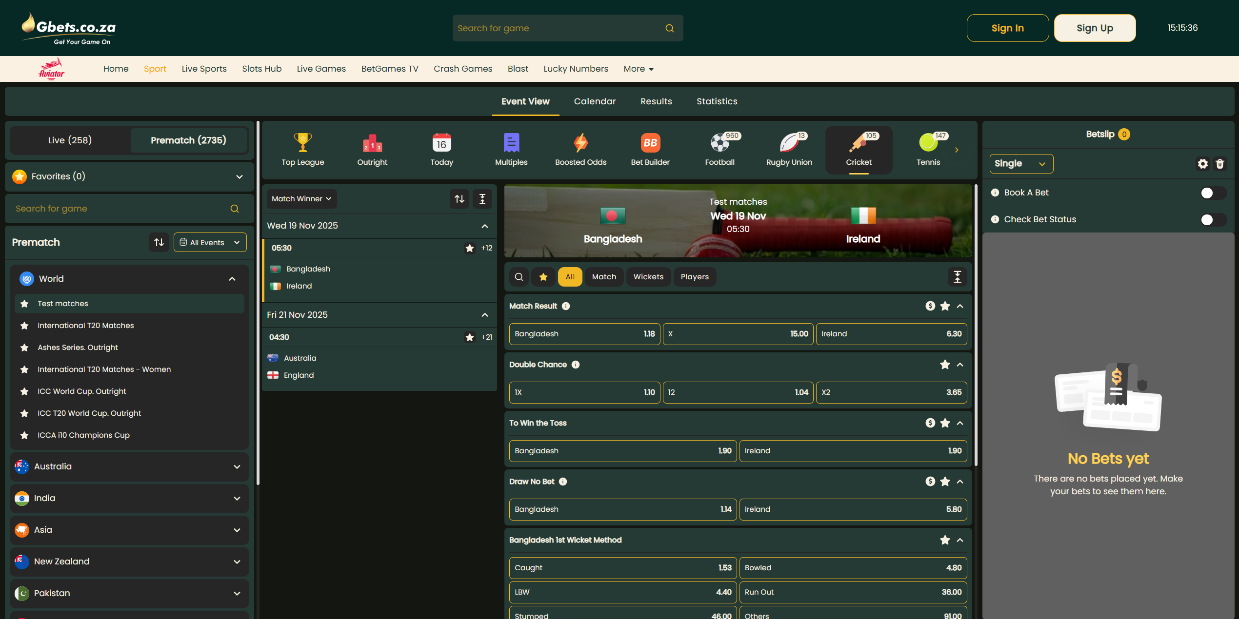 Gbets website, cricket section