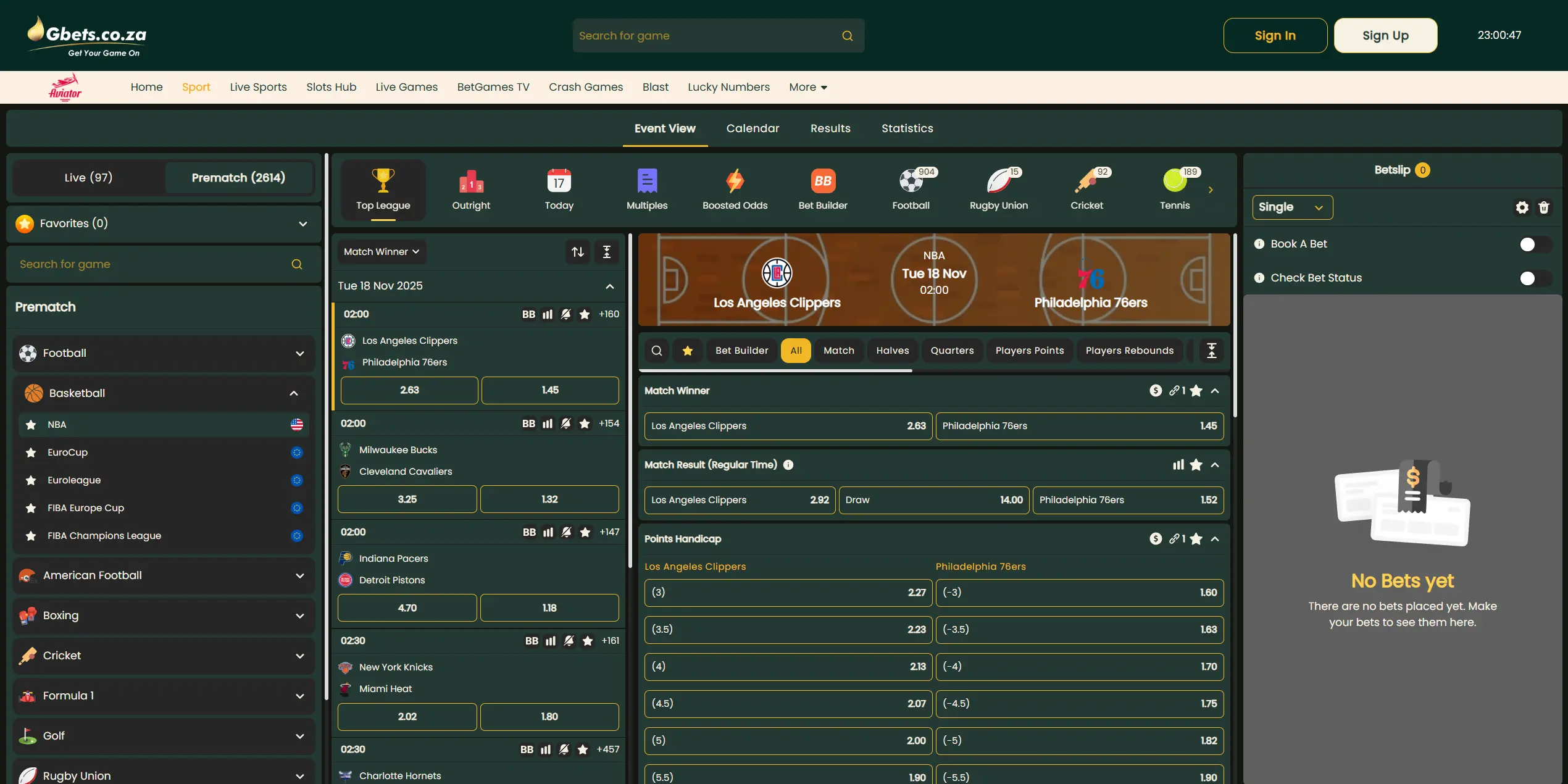 Gbets website, NBA section