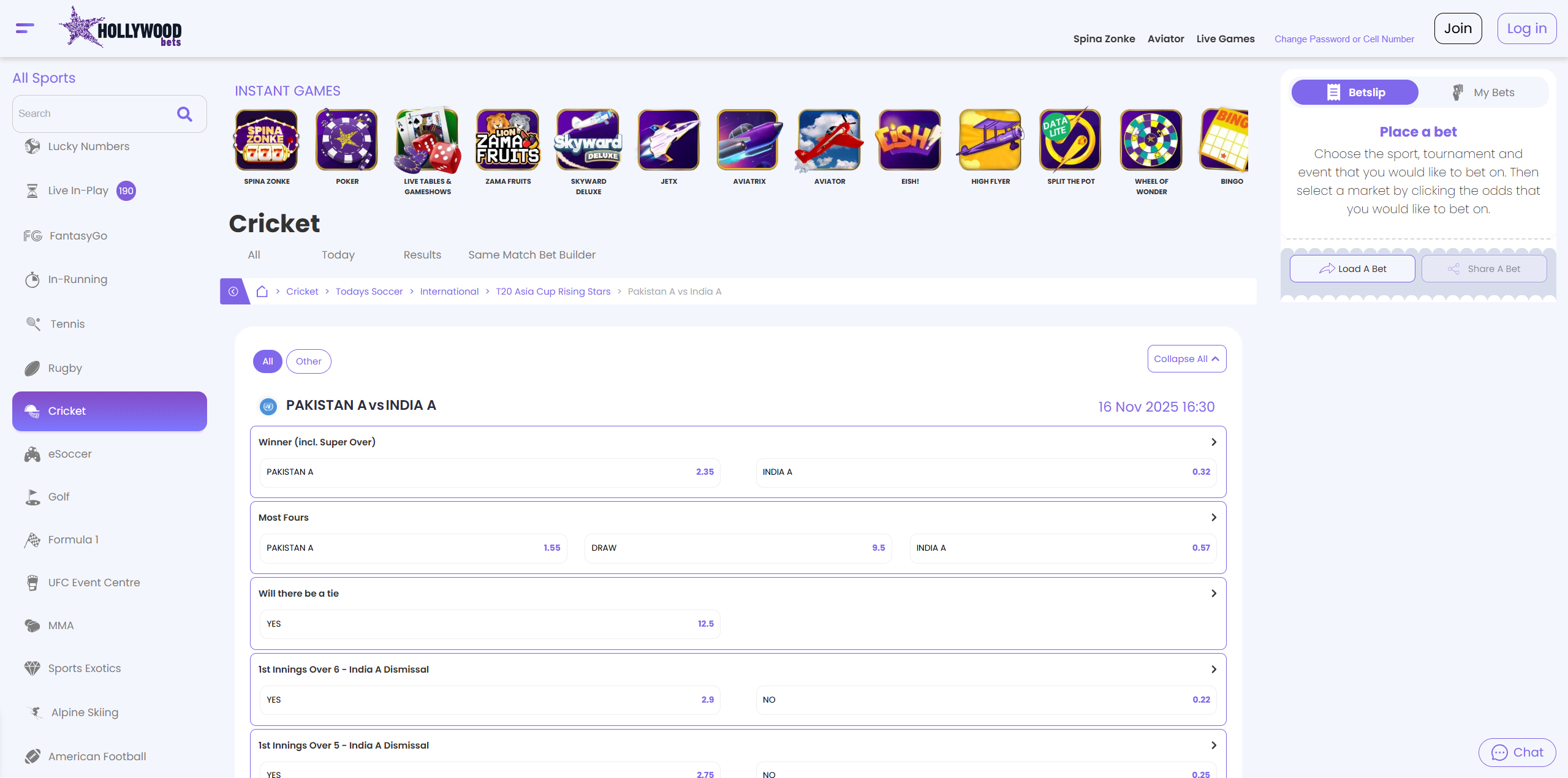 Hollywoodbets website, cricket section