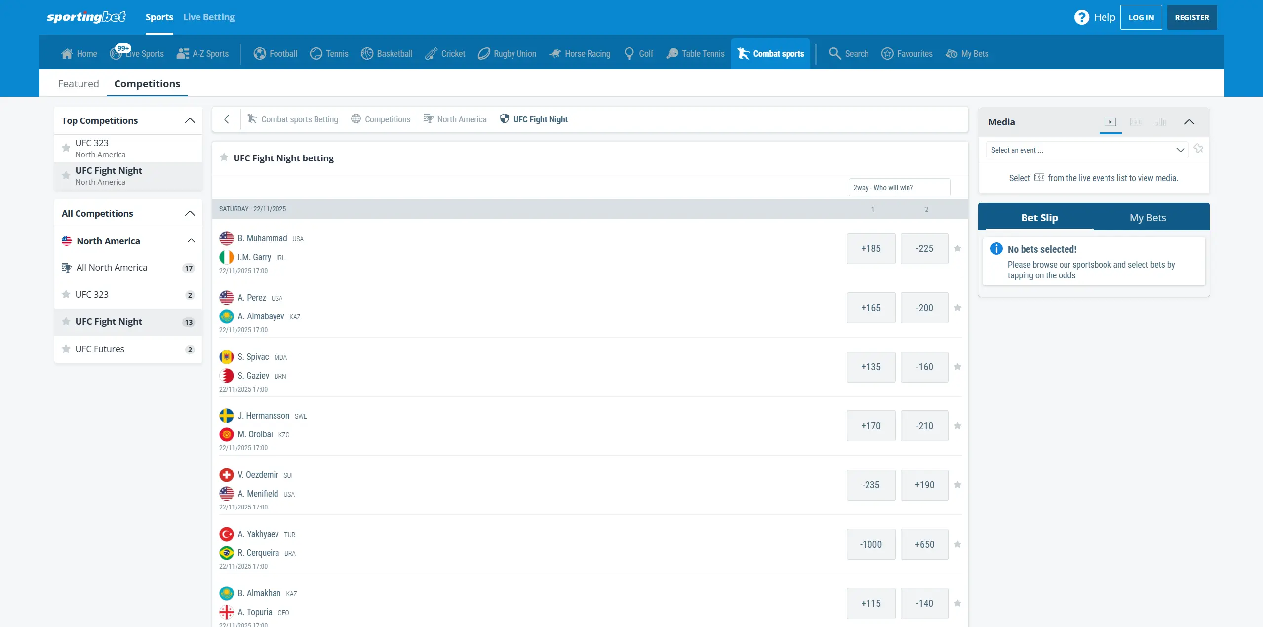 Sportingbet website, MMA/UFC section